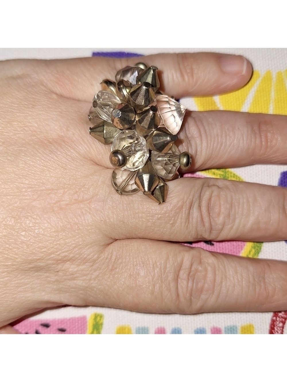 Gold Tone Stretch Ring Clear Beads